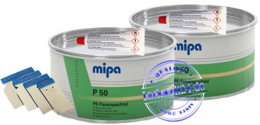 2x Mipa P50 Faserspachtel, je 875g Dose mit Härtertube + 4er Set Japanspachtel Metall