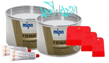 2x MIPA P99 Multi-Spachtel, inkl. Härter, 1kg Dose + 4er Set Japanspachtel Kunststoff