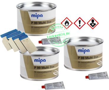 3x MIPA P99 Multi-Spachtel, inkl. Härter, 1kg Dose + 4er Set Japanspachtel Metall