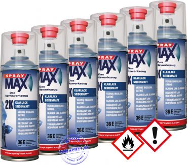 6x SprayMax 2K-Klarlack, SEIDENMATT, UV- & Lösemittelfest, je 400ml Spraydose