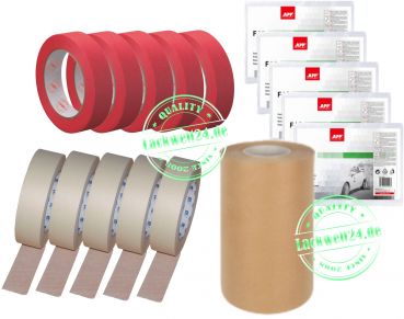 5x Abdeckband Rot 48mm, 5x Abdeckband Hell 48mm + 5x Abdeckfolie 4x5m + 1 Rolle Abdeckpapier 20cm